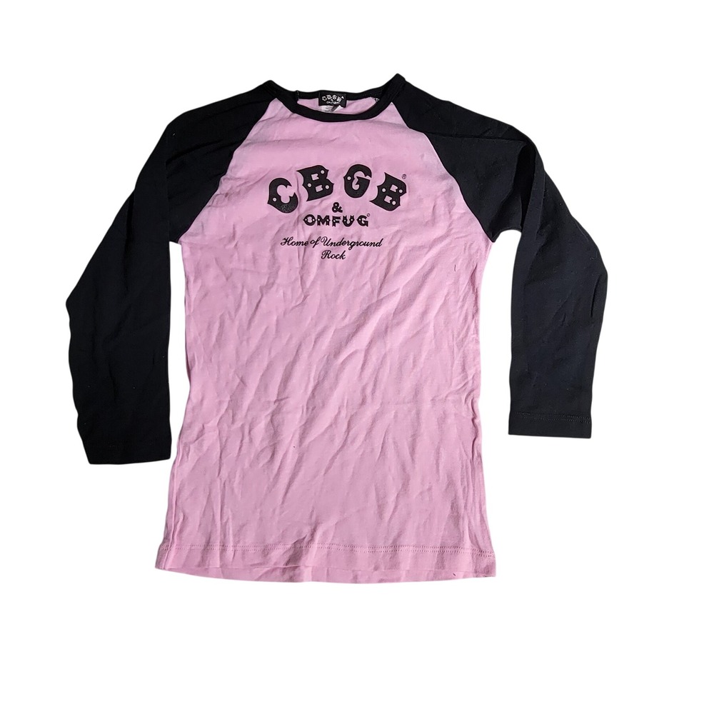 CBGB OMFUG Pink Black Raglan Long Sleeve Graphic T-Shirt Made in USA Medium